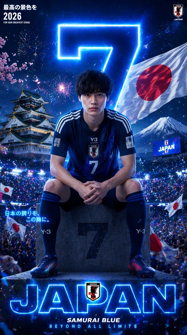 日本代表ジャージAIプロンプト | サムライブルーAIサッカー写真